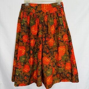 Vintage 80s Chindamanee Floral Orange Brown Green Pure Thai Silk Skirt - XS